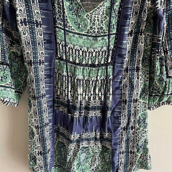 Lucky Brand Wmn SZ XS Blue/Green/White Boho Tunic Style Tie Neckline Short Dress - Picture 4 of 11